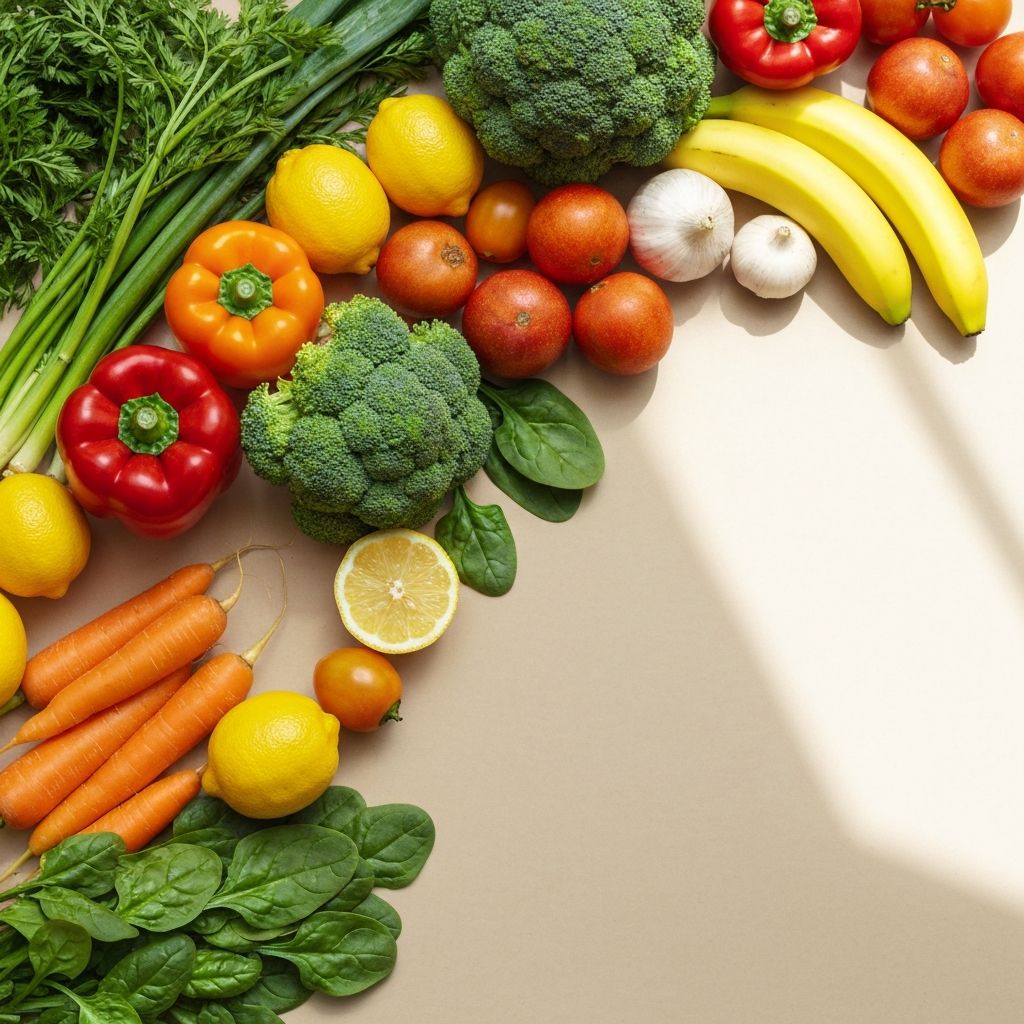 Rainbow of colorful vegetables and fruits representing nutritional diversity