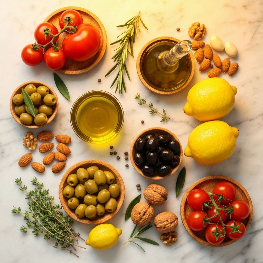 Mediterranean foods and traditional cuisine arrangement